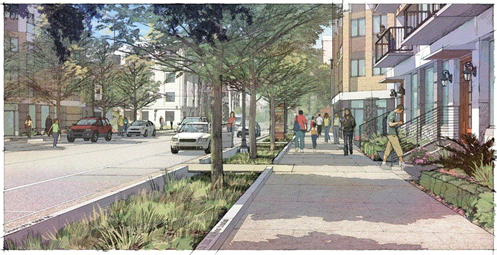 An artist rendition of Houston's Bagby Street, a "complete-street" featuring nature-based infrastructure.
